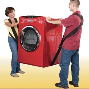 Straps around the shoulders of two people with a load carried between them such as a wash machine.