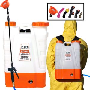 A white backpack sprayer with 2 orange lids and a black spray wand.
