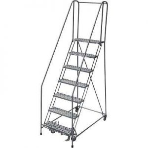Rolling ladders provide a stable surface for standing and hand rails for support.