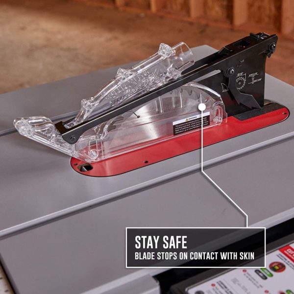 On the SAWSTOP safety saw has a blade that stops on contact with skin.