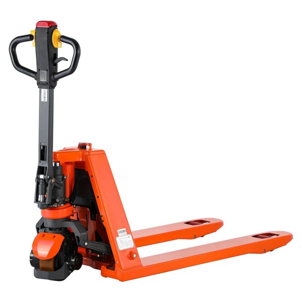 An orange powered pallet mover.