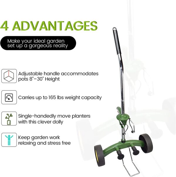 It has an adjustable handle height, carries up to 165 lbs of weight capacity, a person can single-handedly move planters, and keep garden work relaxing and stress free.