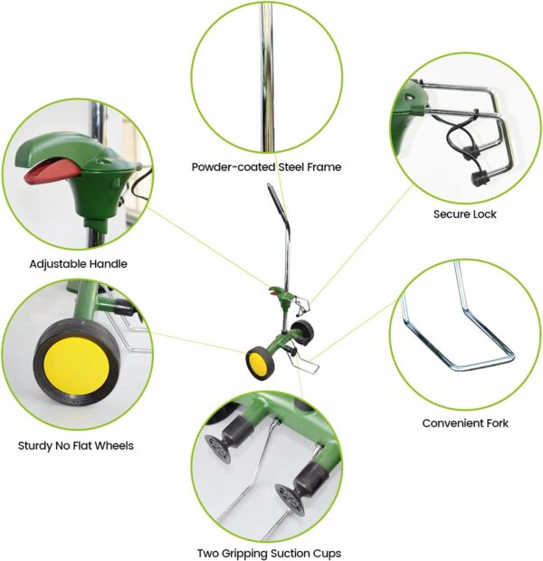 Power coated steel, secure lock, convenient fork, two gripping suction cups, sturdy no flat wheels, and adjustable handle.