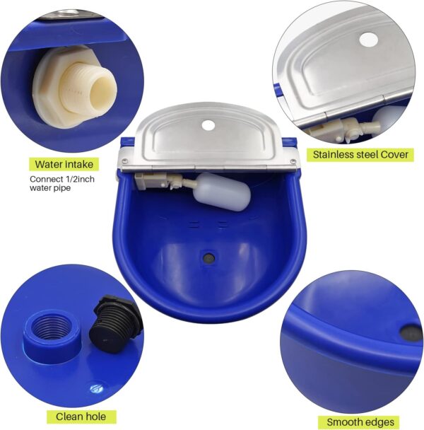 It has water intake (connect a 1/2 inch water pipe), clean hole, has smooth edges, and a stainless steel cover.