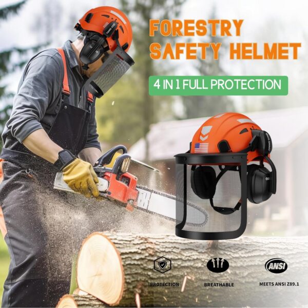 A person using the safety helmet while cutting wood.