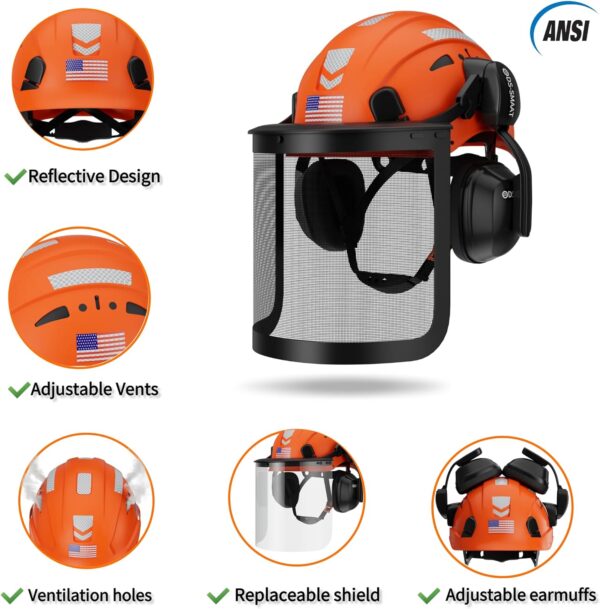 The forestry safety helmet has reflective design, adjustable vents, ventilation holes, replaceable shield, and an adjustable earmuffs.