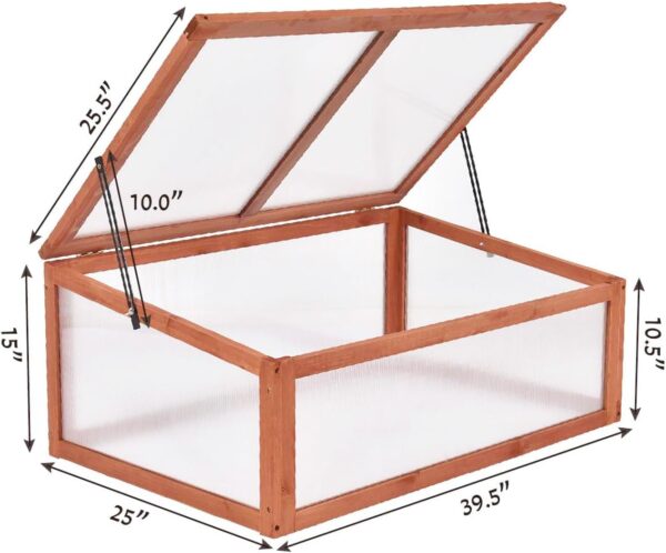The portable cold frame is 39.5 inches in width, 25 inches in depth, 10.5 inches in height in the front, 15 inches in height in the back, the lid is 25.5 inches in depth and has a 10 inch opening.