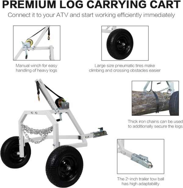 The skate log holder has a manual winch, large pneumatic tires, thick iron chains, and a 2-inch trailer tow ball.