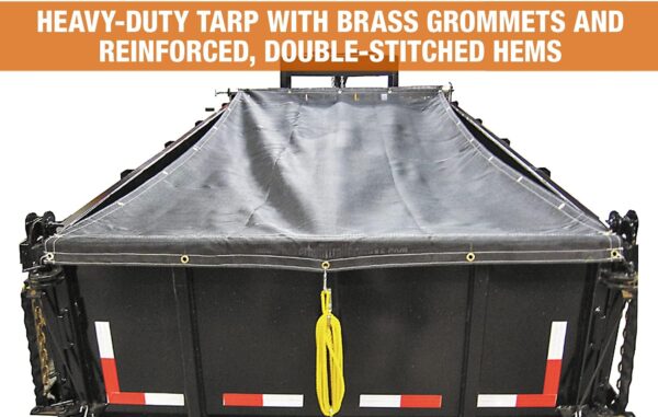 Heavy duty tarp with brass grommets and reinforced, double-stitched hems.