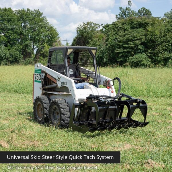 Mini Skid Steer Grapple attached to a skid steer with a person driving it.