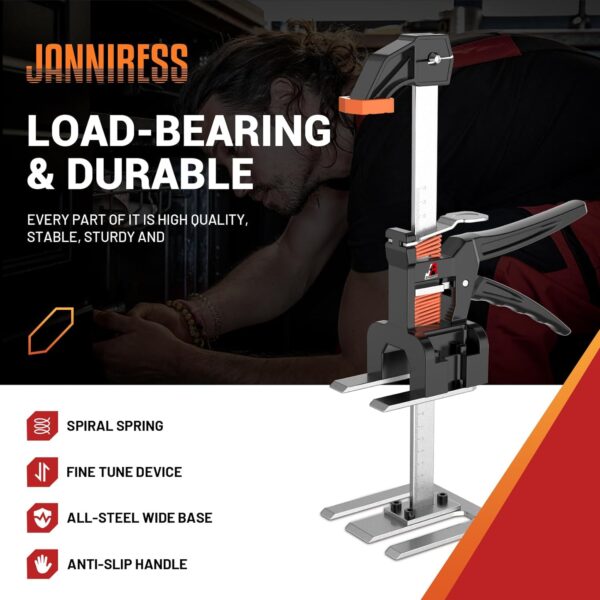 The arm tool lift has a spiral spring, fine tune device, all-steel wide base, and an anti-slip handle.