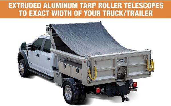 Extruded aluminum tarp roller telescopes to exact width of your truck/trailer.