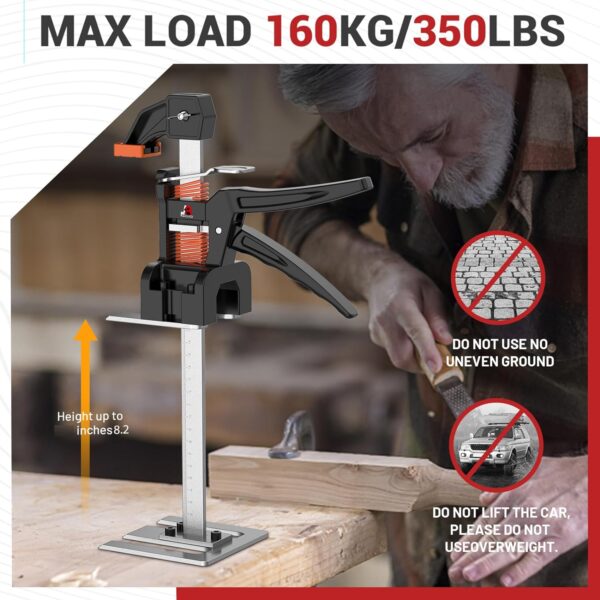 The max load is 160kg/350 lbs. Also, do not use on uneven ground or try to lift a car.