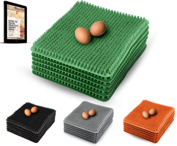 Chicken nesting box pads that can come in colors green, black, gray, and orange.