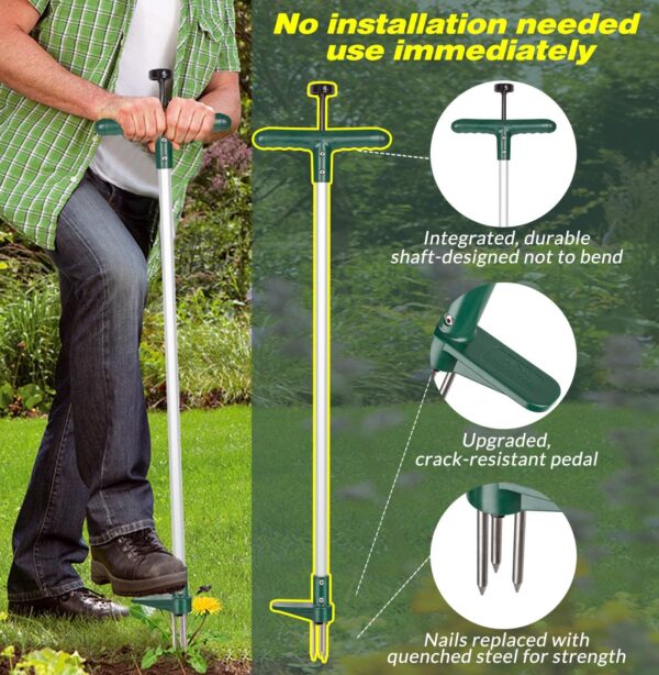 The stand up weeder and root removal has an integrated, durable shaft-designed not to bend, a crack-resistant pedal, and the nails can be replaced with quenched steel to add to the strength.