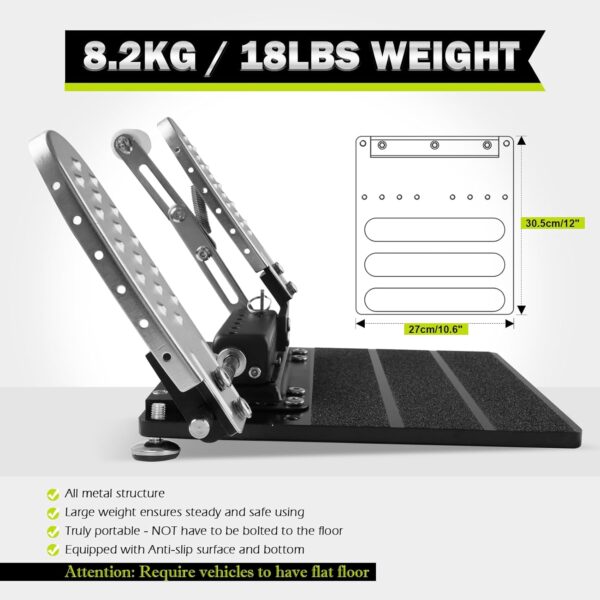 The left foot accelerator pad is 10.6 inches wide and 12 inches deep, weighs 18 pounds, portable, and equipped with anti-slip surface and bottom.