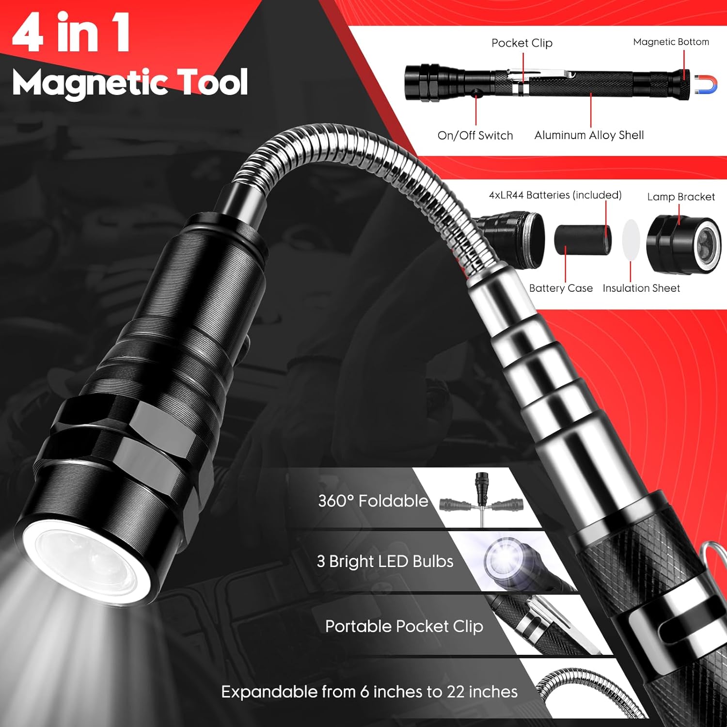 Telescoping Magnetic Pickup Tool Set Extendable Magnet Flexible Flashlight with Mirror 360 Swivel - Image 6