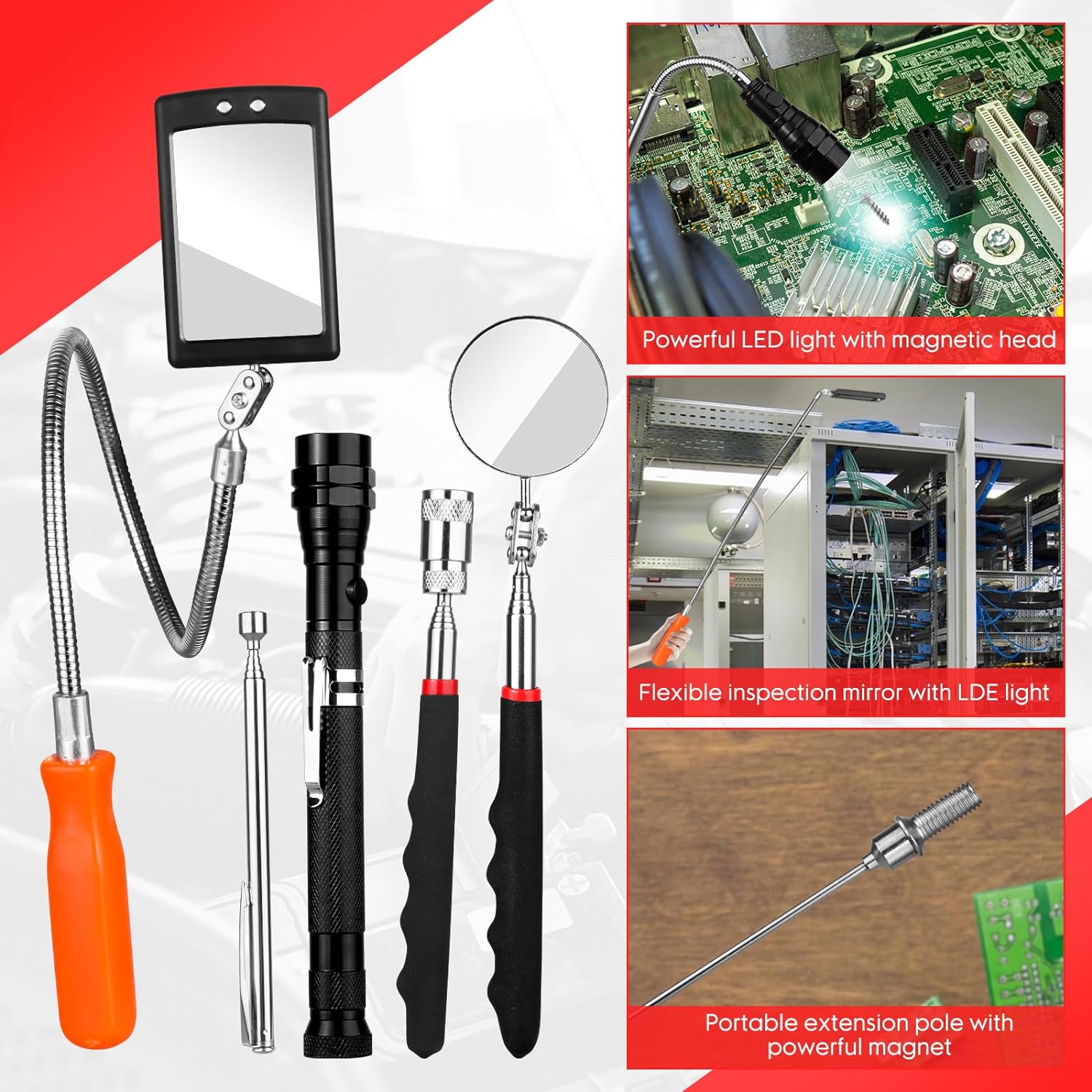 Telescoping Magnetic Pickup Tool Set Extendable Magnet Flexible Flashlight with Mirror 360 Swivel - Image 2