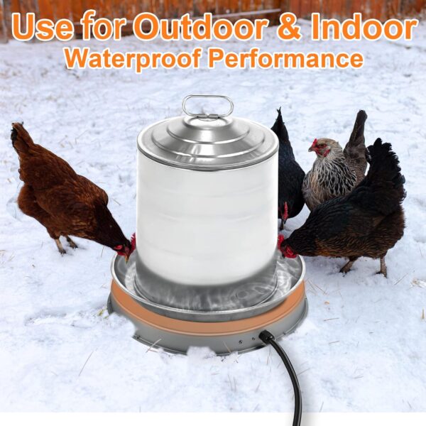 Chickens are outside in the snow drinking from their heated waterer.