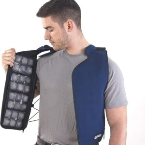 A guy wearing a blue circulating cooling vest has one side pulled open to look at the inside.