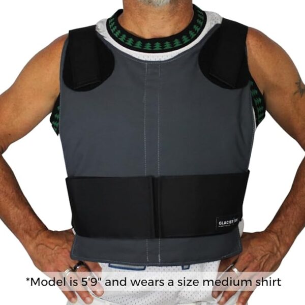 A person wearing an ice pack cooling vest showing from the front side.