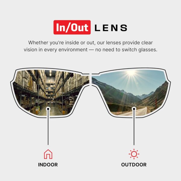 These indoor/outdoor UV protection Safety Glasses have in/out lenses, meaning the lends adjusts to ones environment either inside or outside to provide clear vision.