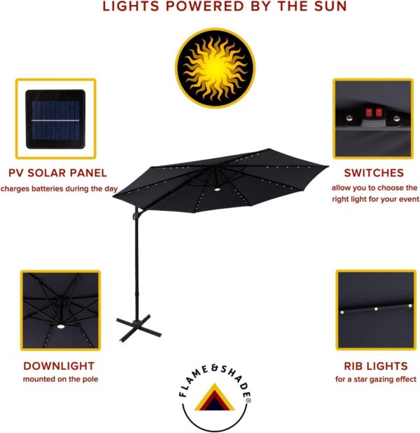 The lights on the canopy/umbrella have PV solar panel, switches to allow ones to choose the right light, downlight, and rib lights for star gazing effects.