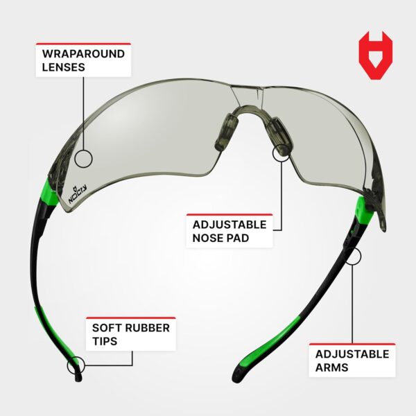 These safety glasses have wraparound lenses, adjustable nose pad, soft rubber tips, and adjustable arms.