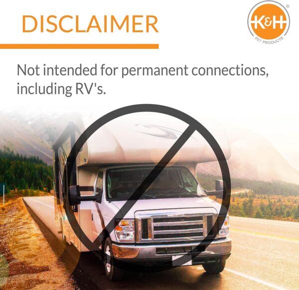 The heated water hose is not intended for permanent connects, such as an RV that's pictured parked on the side of the road with mountains in the background.
