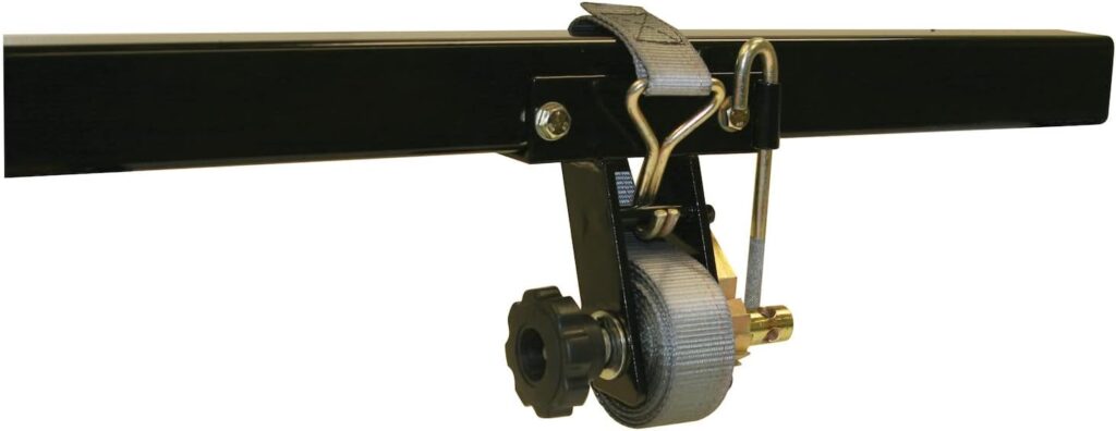 The ladder rack ratchet strap is solidly fastened to the ladder rack so a worker with one arm can wrap and hook a strap, and then ratchet it down.