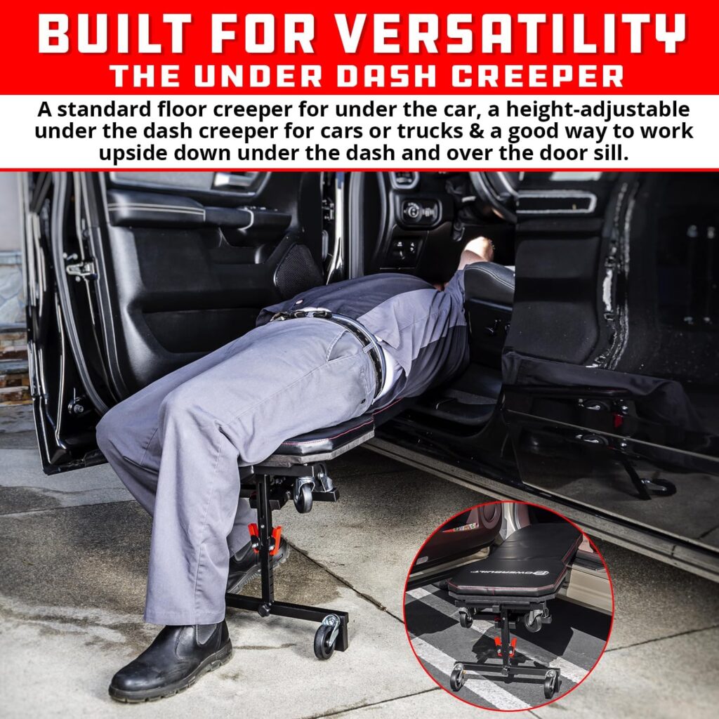 Under Dash Creepers help workers do maintenance and repair tasks under a car dash without straining their backs