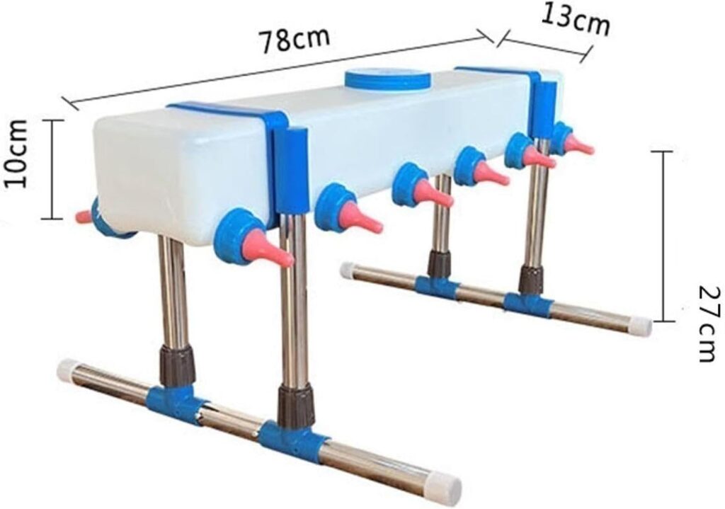 The calf and lamb self-feeder bucket allows a worker with back and arm impairments to feed calves without bending down and holding bottles.