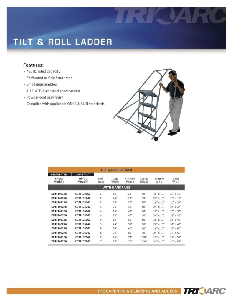 Rolling ladders provide wide, stable step surfaces with hand rails and a platform at the top for a secure work surface.