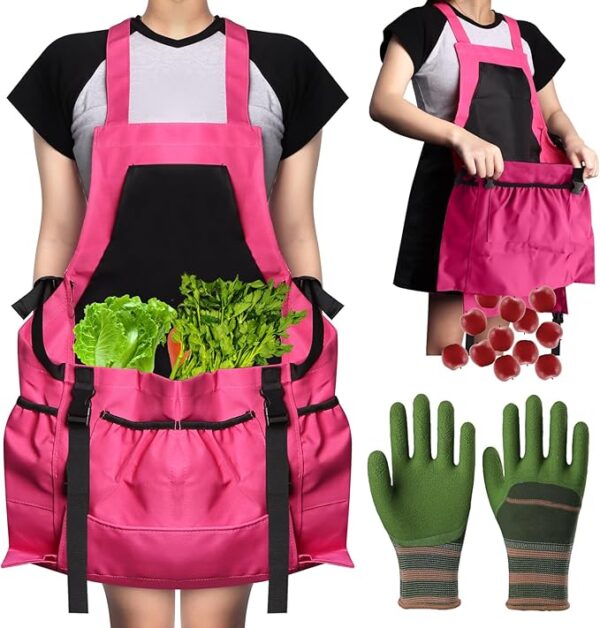 A pink apron like harvesting pouch bag that has a quick release dump