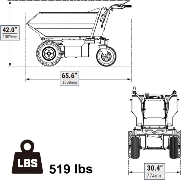 The powered wheelbarrow is 65.6 inches in depth, 42.0 inches in height, and 30.4 inches In width. The wheelbarrow itself weighs be 519 lbs.