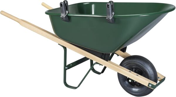 The wheelbarrow tool holders are clamped onto the green wheelbarrow.