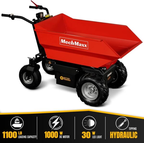 This black and red wheelbarrow has a 1100lb loading capacity, 1000 DC motor, a 30 W LED light, and the tipping bucket is hydraulic.