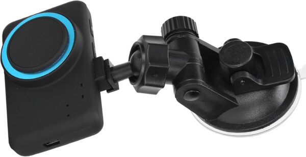On the bottom of the driver alertness system is a ball that fits into a round hole of the suction cup that sticks to a car windshield.