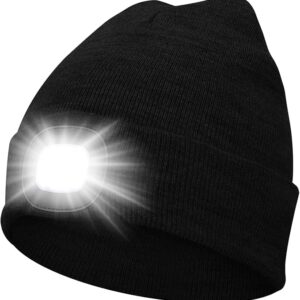 A black beanie hat with a light inserted into the front.