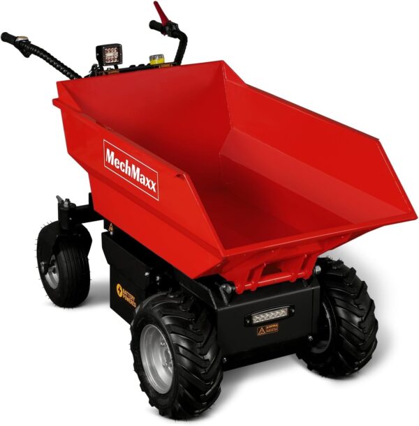 Front angle of the black and red powered wheelbarrow so that one can see inside the wheelbarrow.