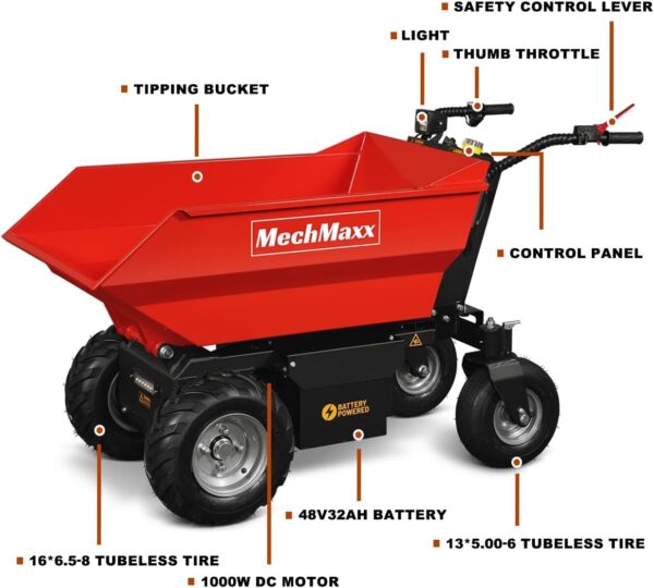 The black and red powered wheelbarrow has 16 by 6.5-8 front tubeless tires, 13 by 5.00-6 back tubeless tires, a 1000W DC Motor, a 48V32AH battery, a control panel by the handles, a thumb throttle on the right handle, a light next to the control panel, and a safety control lever on the left handle.