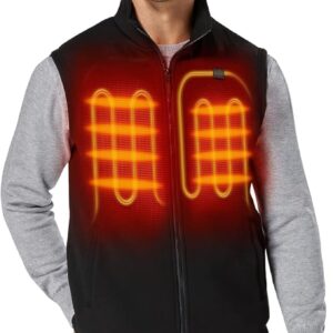 A guy is wearing a black heated vest.