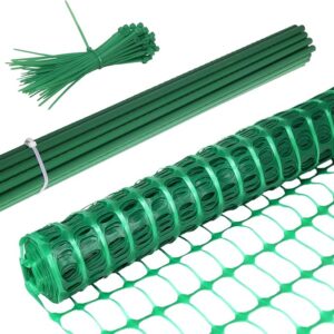 Green stakes, rods, and a plastic mesh to build an anti-drift snow fence.