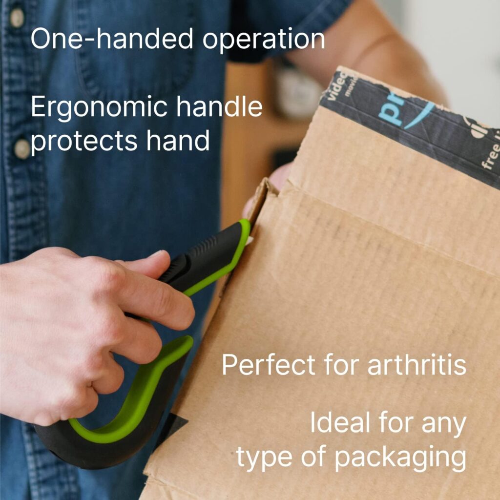 Workers with arthritis or who have loss of grip or poor grip will find it easier to grasp the Safety Ergonomic Box Cutter while opening boxes.