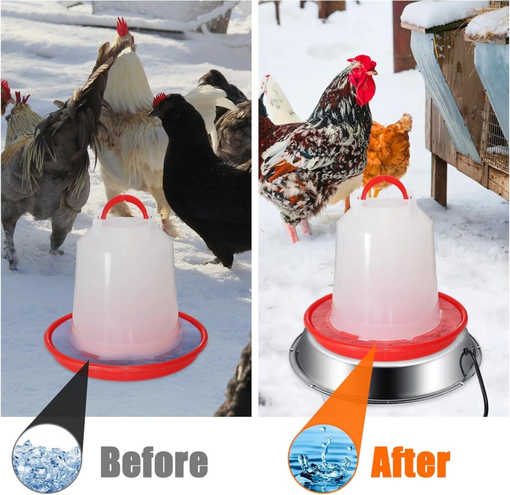 A Chicken Water Heater Base keeps water thawed for workers with mobility impairments or decreased strength and endurance so they don't need to carry waterers back to the house to thaw.