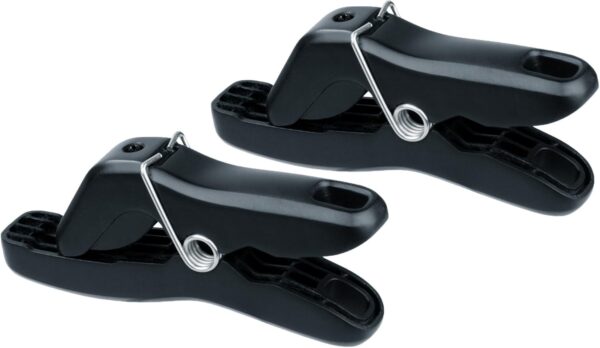 Two black wheelbarrow tool holders.
