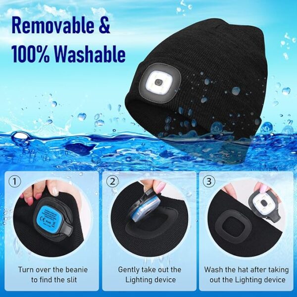 To wash the beanie, first turn it over to find the slit, take out the lighting device, and then wash the hat.
