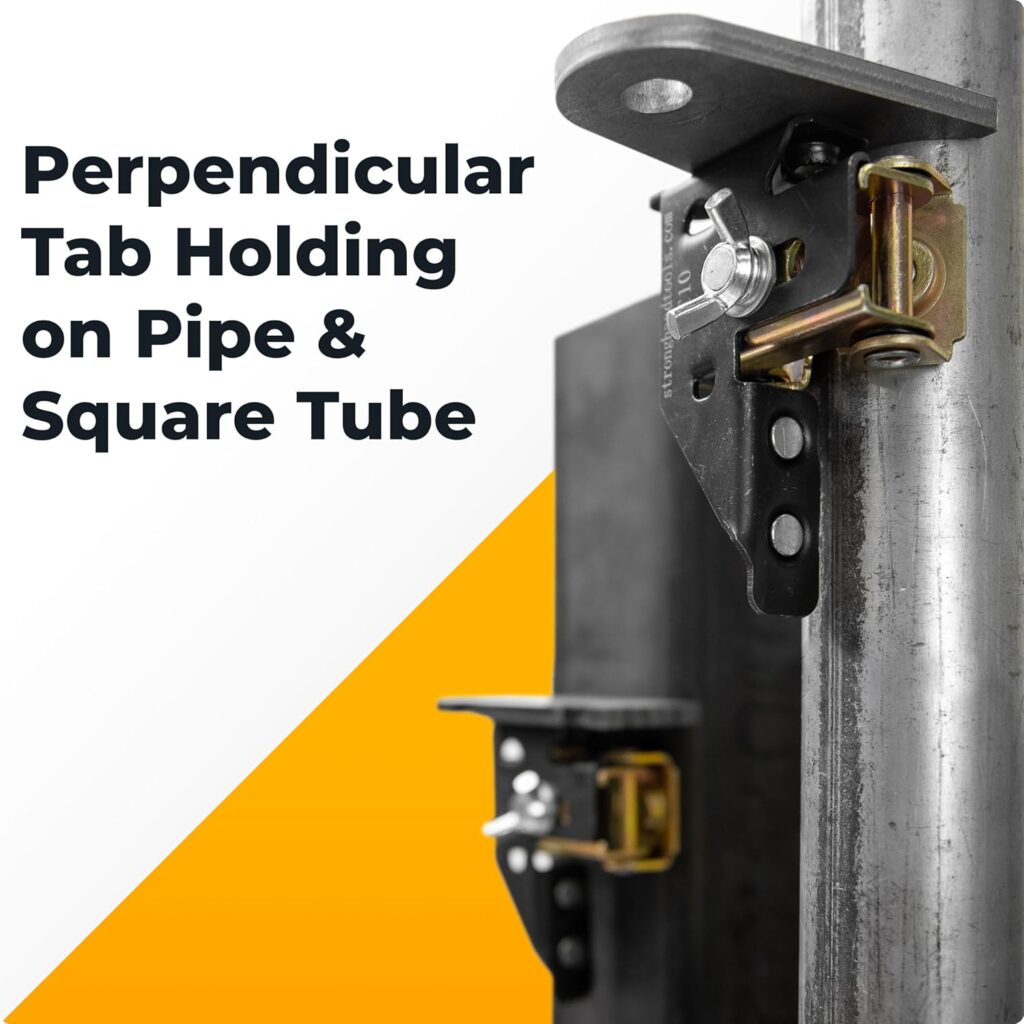 A Strong Hand Tools Adjustable Magnetic Tab Holder  holds parts securely while performing tack welds.