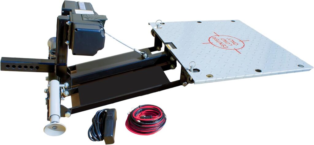 This motorized, heavy-duty Hitch Lift has a standard receiver bar with multiple pin positions for different tailgate depths