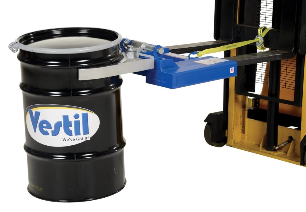Forklift Mounted Drum Grippers are used by workers with leg amputations or other mobility impairments to move steel barrels without leaving the forklift seat.